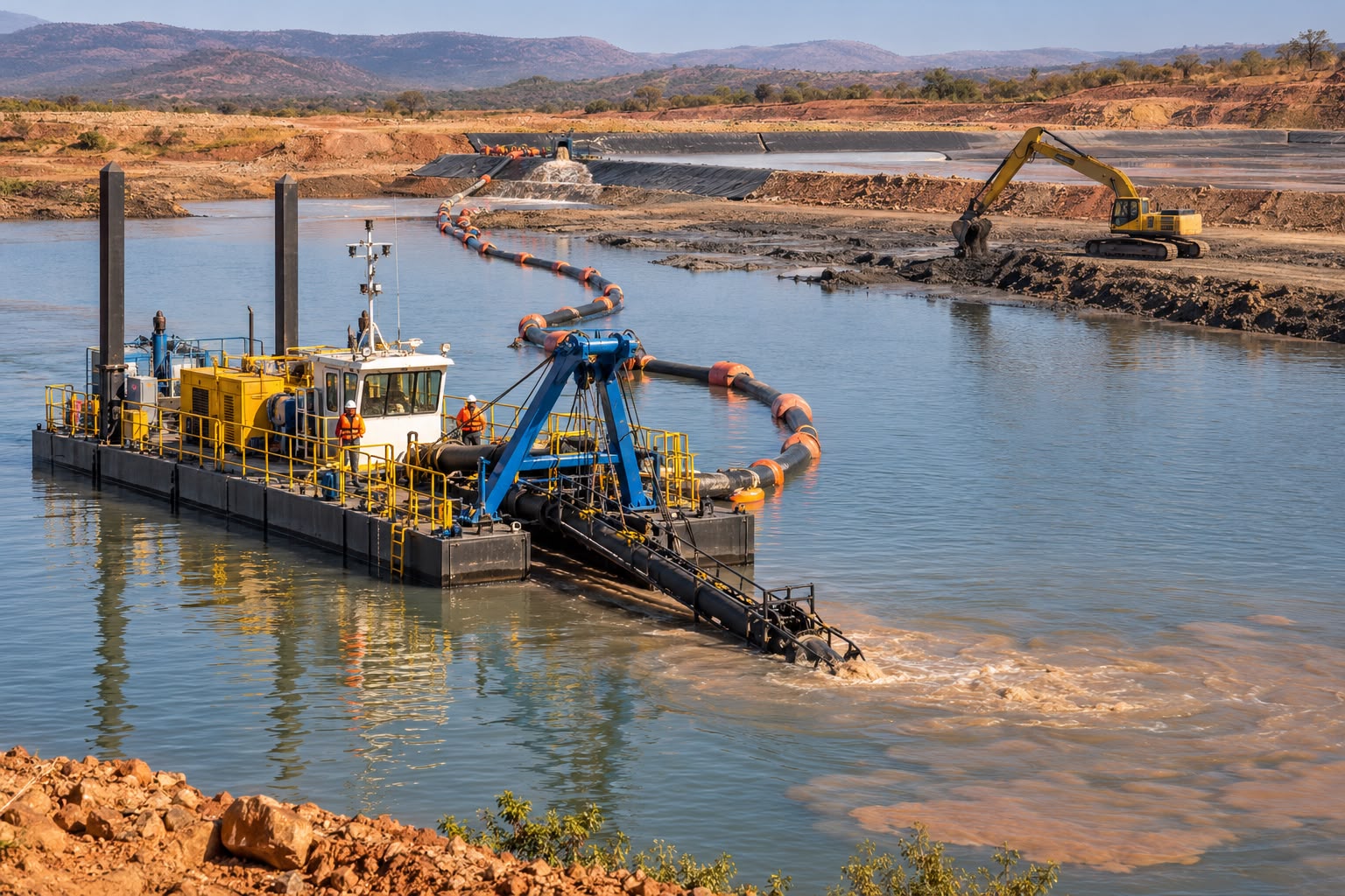 Dredger pumping slurry through a floating pipeline to a lined dam